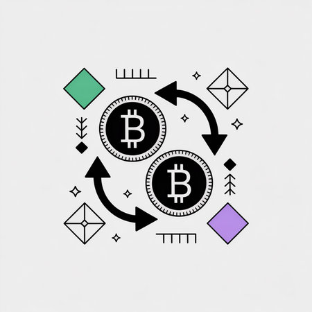 Two black Bitcoin coins with white B symbols are shown in a counterclockwise circular motion, surrounded by minimalist geometric shapes in green and purple.  Arrows indicate the exchange.のイラスト素材