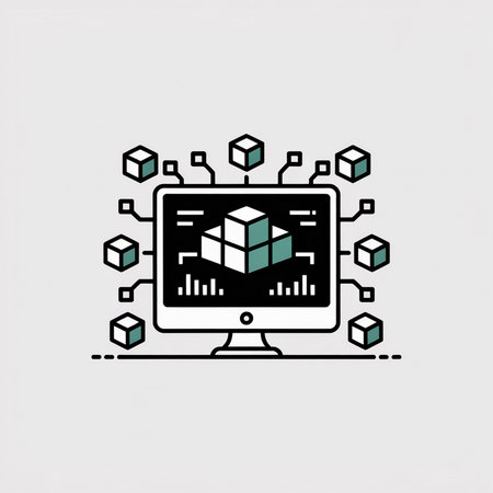 A minimalist vector illustration depicts a computer screen showing a teal and white 3D cube formed from smaller cubes connected by thin black circuit lines Additional cubes surround the screen suggesting data flow The color palette is primarily black white and tealのイラスト素材