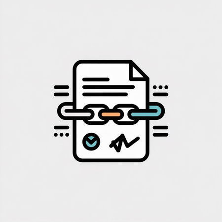 A minimalist vector icon depicts a document secured by a chain link in teal blue orange and black against a light grey background The style is simple and flatのイラスト素材