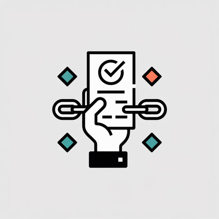 A minimalist vector icon shows a hand holding a checklist document linked by a chain in teal orange and gray flat design styleのイラスト素材