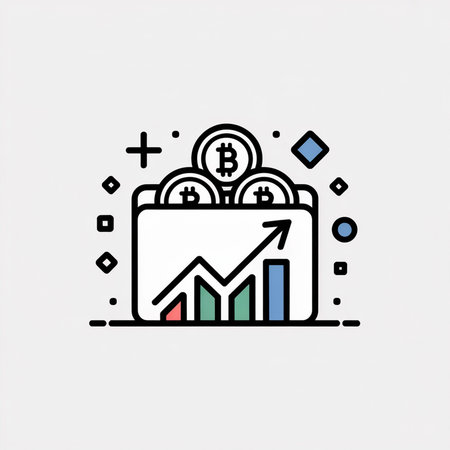 A minimalist vector illustration shows a digital wallet filled with Bitcoin coins and a rising bar graph indicating financial growth The color palette is primarily blue green red and black against a light grey backgroundのイラスト素材