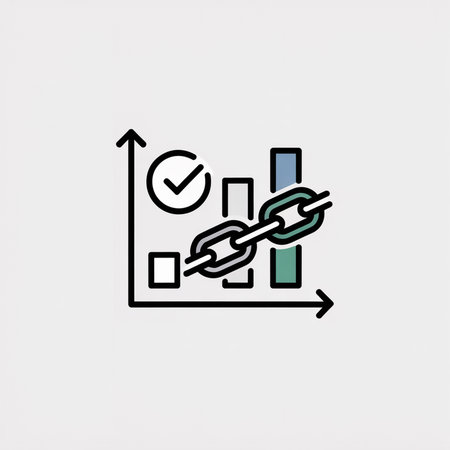 A minimalist vector icon shows a teal and gray chain link connecting sections of an upward trending bar graph with a green checkmark indicating success.  The style is simple and clean.のイラスト素材