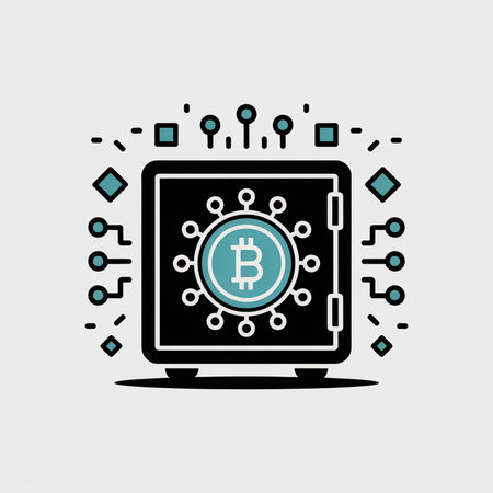 A minimalist vector illustration depicts a black safe with a teal Bitcoin symbol inside a circular network pattern.  Teal and black circuit board elements surround the safe. The background is light gray.のイラスト素材