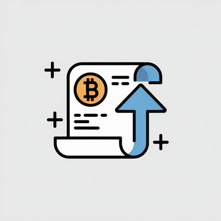 A minimalist vector icon shows a white document with a Bitcoin symbol and a light blue upward arrow against a light gray background.  The document has a curled edge and plus signs are present.のイラスト素材
