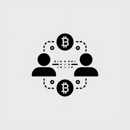 Two black person icons exchange bitcoin via a teal dotted line connection Two black bitcoin symbols are positioned above and below the transaction on a light grey backgroundのイラスト素材
