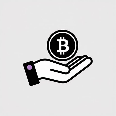 A simple black and white vector icon shows a hand gently holding a black Bitcoin coin with a white Bitcoin symbol The background is light gray and the hand has a small purple circle on the cuffのイラスト素材