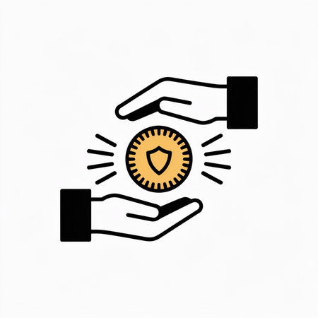 Minimalist icon featuring two black hands protecting a gold coin with a shield symbol against a white background.  The style is simple and flat.のイラスト素材