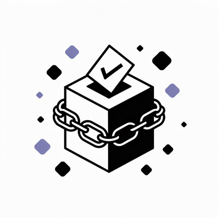 Isometric vector illustration of a ballot box secured by a chain with a checked paper inside.  Black and white color scheme with minimal design elements.のイラスト素材