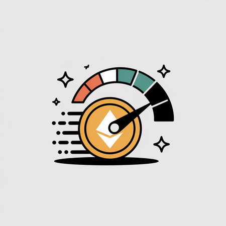Minimalist vector illustration of an Ethereum coin inside a speedometer showing high speed with an orange coin teal and black color scheme simple flat styleのイラスト素材