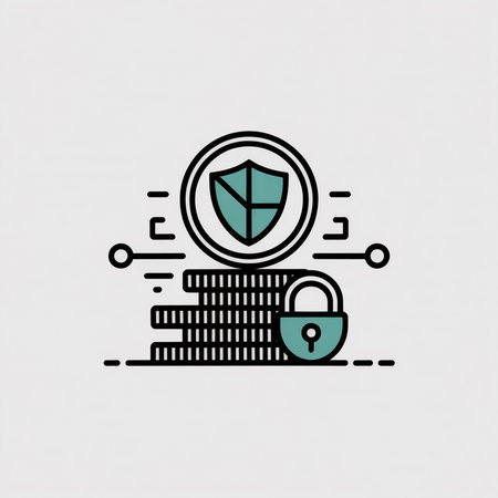 Teal and black minimalist vector icon illustrating a stack of coins secured by a shield within a circle and a padlock against a light gray background.のイラスト素材