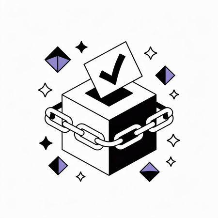 Isometric illustration of a black and white ballot box secured by a chain a check mark paper inside and purple geometric shapes on a white backgroundのイラスト素材