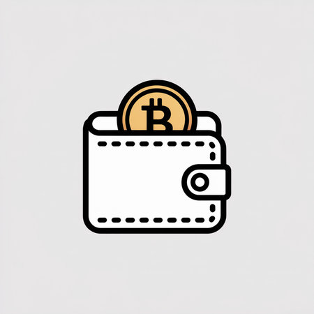 A minimalist illustration depicts a white wallet with a gold bitcoin coin inside It features clean lines and a simple design against a light gray backgroundのイラスト素材