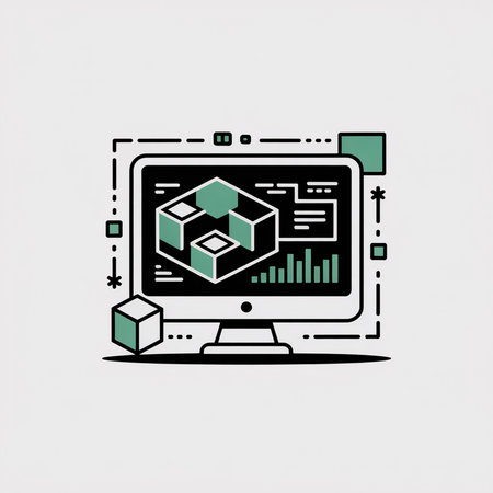 A minimalist vector illustration depicts a computer screen showing a teal 3D model and data graphs.  The style is simple line art with black outlines and a muted color palette.のイラスト素材