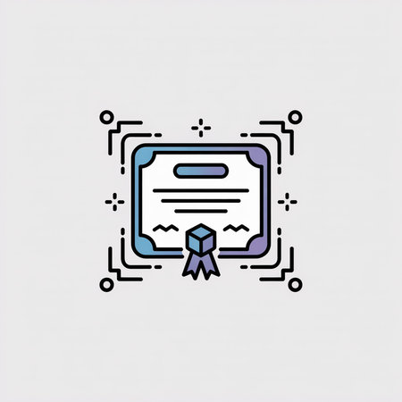 A minimalist vector icon depicts a certificate in shades of purple and blue with a 3D cube seal and a decorative border against a light gray background.  The style is clean and simple.のイラスト素材