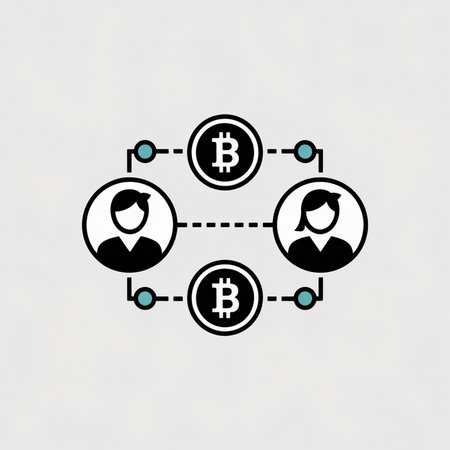 A simple vector graphic shows a network of two individuals exchanging Bitcoin. Black and white user icons are connected by dashed lines and teal nodes with Bitcoin symbols in the center.のイラスト素材