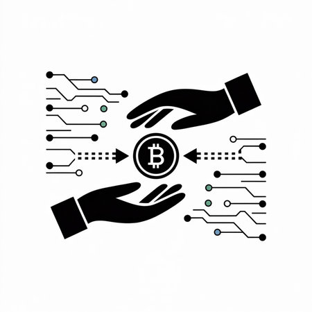 Minimalist vector icon depicting two black hands exchanging a bitcoin coin connected by a simplified circuit board with teal and gray nodes.のイラスト素材