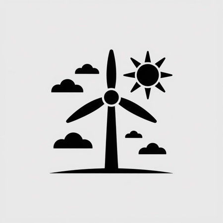 Black silhouette wind turbine icon set against a light gray background with a stylized sun and clouds. Simple graphic design.のイラスト素材