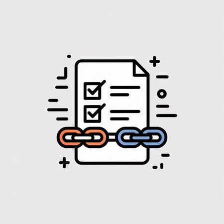A simple line art icon depicts a checklist document attached to a chain of orange and blue links...