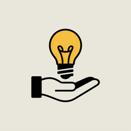 A minimalist graphic shows a yellow lightbulb held gently in a black outlined hand against a light beige background.  The style is simple and flat.のイラスト素材