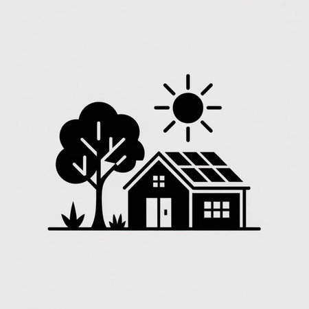Simple black and white illustration depicting a house with solar panels a tree and the sun against a light gray background The style is minimalist and symbolicのイラスト素材