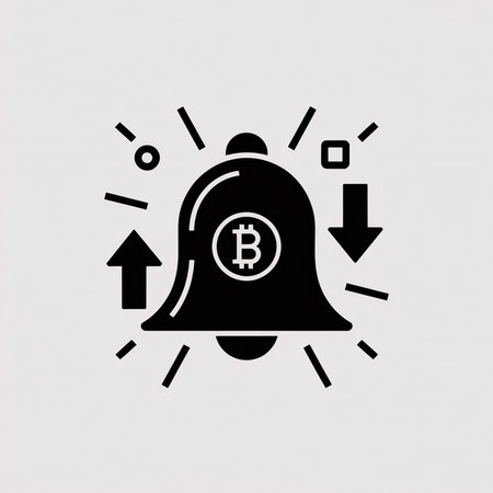 A simple black vector icon depicts a bell with a Bitcoin symbol inside against a light gray background.  Up and down arrows surround the bell, indicating price fluctuations.  Geometric shapes add visual interest.のイラスト素材