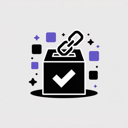 Black box with white checkmark purple and blue squares chain link falling into box on light gray background simple flat vector icon styleのイラスト素材