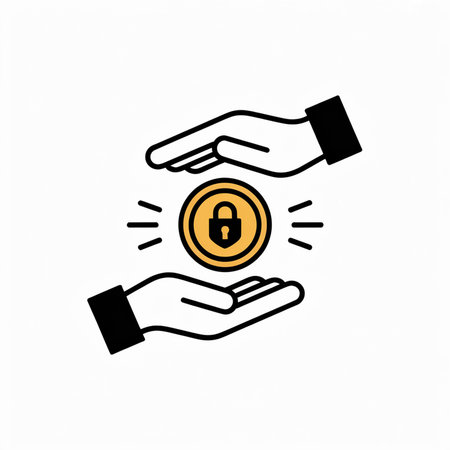 Two black outlined hands gently cradle a gold coin featuring a black padlock.  Simple line art style on white background.のイラスト素材