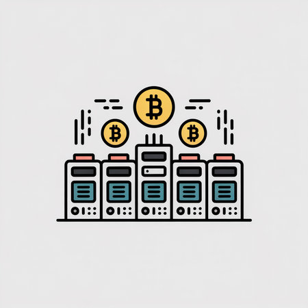 A simple vector illustration depicts a row of teal servers with orange and black accents processing yellow Bitcoin symbols against a white background.のイラスト素材