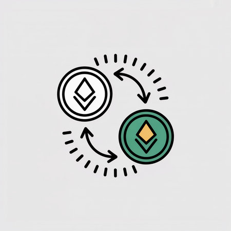 Two circular coins white and teal green with diamond symbols exchange indicated by black arrows simple line art style light gray backgroundのイラスト素材