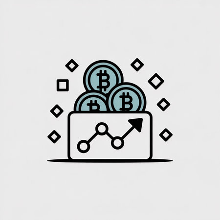 A minimalist vector icon shows three light teal Bitcoin coins in a black outlined wallet with an upward trending graph inside It is set against a light grey background with small light grey shapes surrounding it.のイラスト素材