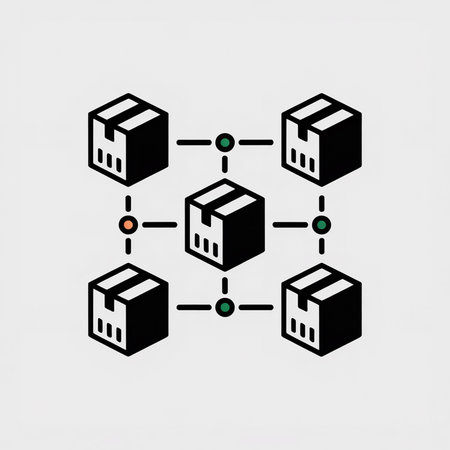 Isometric vector illustration of five black boxes connected by dashed lines and small colored circles against a light gray background simple minimalist styleのイラスト素材