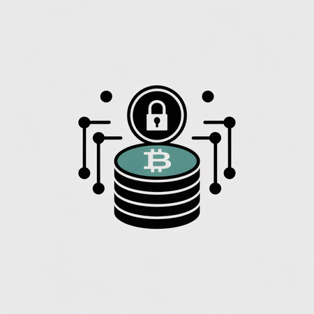 A minimalist vector icon shows a stack of black coins with a teal bitcoin symbol and a black padlock on top connected by black nodes.のイラスト素材