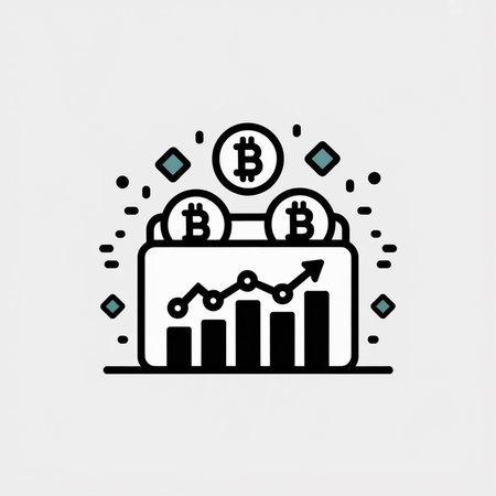 Black and teal line art icon depicts a rising bar chart with Bitcoin symbols above a digital wallet suggesting cryptocurrency growth and financial success.のイラスト素材