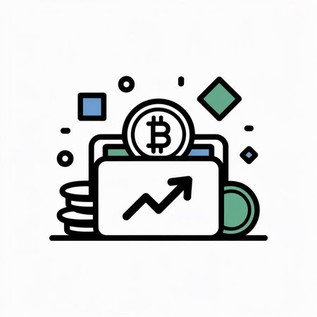 A simple vector illustration shows a wallet with a bitcoin coin on top a stack of coins and an upward trending graph inside a clean white background with a blue and green color paletteのイラスト素材