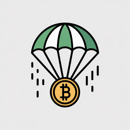 A simple line art illustration depicts a bitcoin coin attached to a green and white parachute descending against a light gray background.  Small dashed lines suggest movement.のイラスト素材