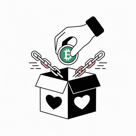 Minimalist line art illustration depicting a hand dropping a teal Bitcoin into a box with hearts on each side while pink chains extend outwards.のイラスト素材