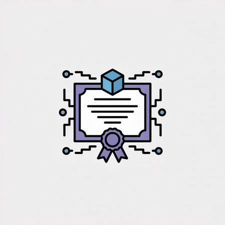 A light gray background features a minimalist vector icon of a purple certificate with a blue 3D cube and purple ribbon seal.  Stylized circuit lines surround the certificate.のイラスト素材