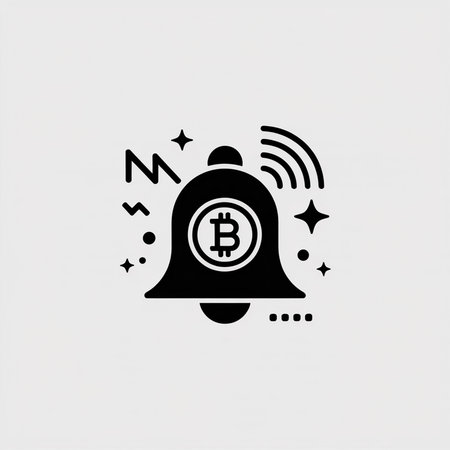 A black bell icon with a bitcoin symbol inside is shown against a light gray background.  Simple geometric shapes and wireless signal lines surround the bell. The style is minimalist and flat.のイラスト素材