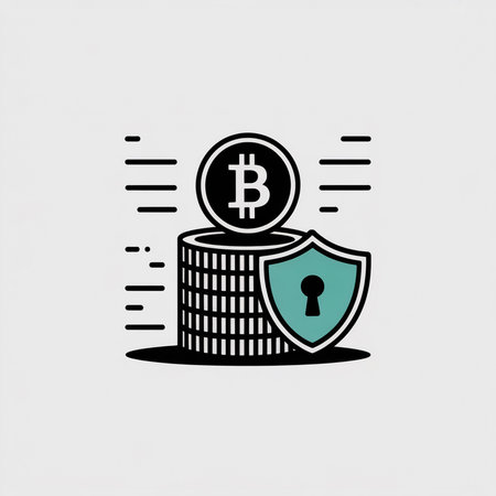 Minimalist line art illustration of a bitcoin coin atop a stack of coins protected by a teal shield with a keyhole.  Black lines on white background.のイラスト素材