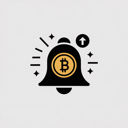 A minimalist vector icon depicts a black bell with a gold bitcoin in the center.  Small stars and an upward arrow surround it suggesting a price increase notification.のイラスト素材