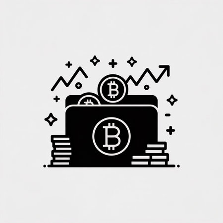 Minimalist black and white vector illustration depicting a bitcoin wallet with coins and an upward trending graph suggesting growth.  The style is simple and clean.のイラスト素材