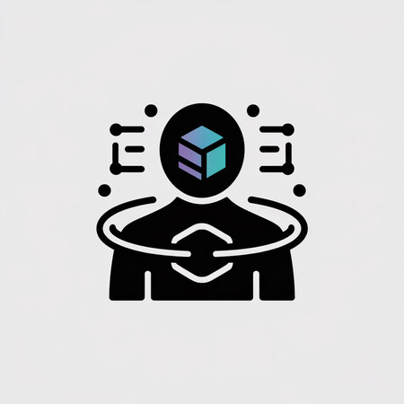 A simple black silhouette of a person with a teal and purple 3D cube inside a circle representing the head surrounded by connected dots on a light gray background.のイラスト素材