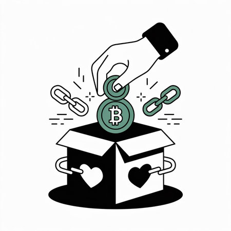 Minimalist vector illustration featuring a hand dropping Bitcoin coins into a box with hearts and chains suggesting secure charitable giving; teal coins black box white and black heartsのイラスト素材