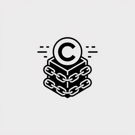 Minimalist black and white vector illustration of a cube bound by chains with a copyright symbol on top against a light gray background.のイラスト素材