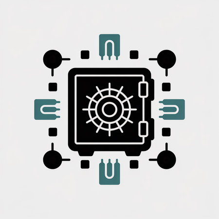 Minimalist vector icon depicting a black safe connected to teal data points against a white background.  The style is simple and flat.のイラスト素材