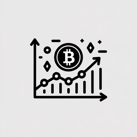 Minimalist black and white vector icon depicting a Bitcoin coin above an upward trending line graph symbolizing cryptocurrency growth.のイラスト素材