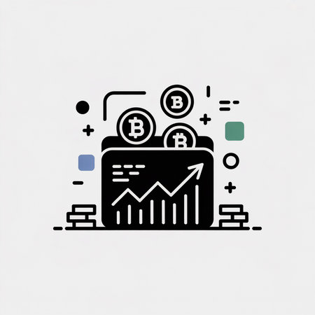 Black and white minimalist vector illustration depicting three Bitcoin coins above a black graph showing upward growth.  Simple line icons and shapes surround the central image.のイラスト素材