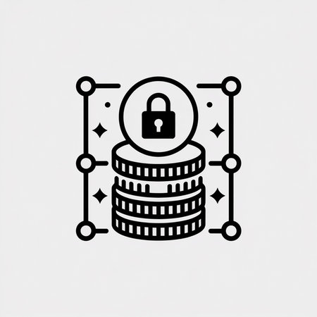 Minimalist black and white vector icon illustrating a stack of coins topped with a padlock inside a circle connected to four nodes via lines against a light gray background.のイラスト素材