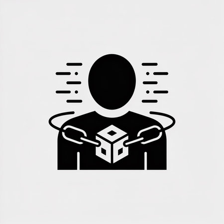 A simple black and white vector icon shows a person holding a cube linked by chains with motion lines around them suggesting data flow.  Minimalist style.のイラスト素材