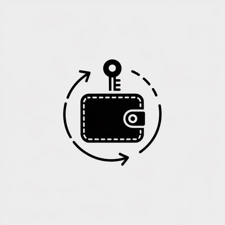 A minimalist black vector icon on a light gray background shows a closed wallet with a key on top inside a circular arrow suggesting financial access or transactionsのイラスト素材